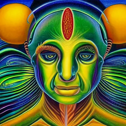 Prompt: Alex Grey painting of a lemon god