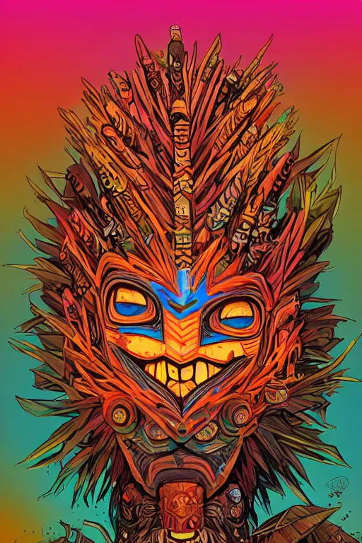 Image similar to totem animal tribal chaman vodoo mask feather gemstone plant wood rock video game illustration vivid color borderlands by josan gonzales and dan mumford radiating a glowing aura