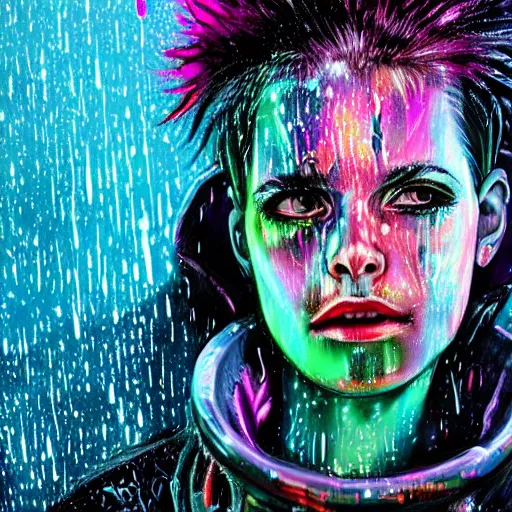 Image similar to splashes of neon galaxies, mowhawk, punk women portrait made out of paint with rain in the background, trending on artstation, epic composition, emotional, beautiful, rendered in octane, highly detailed, realistic, tim burton comic book art, sharp focus, unreal engine