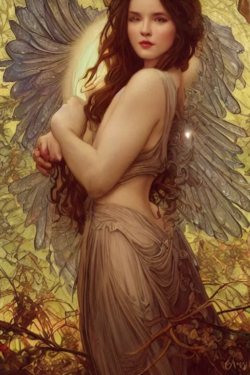 Prompt: young women , fantasy, intricate, elegant, dramatic lighting, glowing halo, gorgeous face, sexy gown, angelic wings, highly detailed, lifelike, photorealistic, digital painting, artstation, illustration, concept art, smooth, sharp focus, art by John Collier and Albert Aublet and Krenz Cushart and Artem Demura and Alphonse Mucha