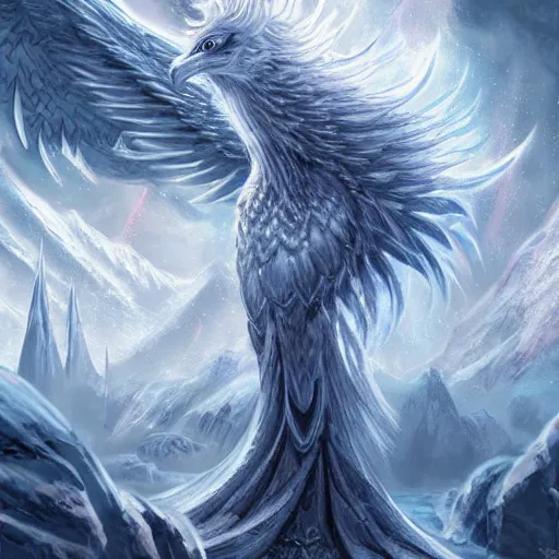 Image similar to Majestic Frost Phoenix in a snowy landscape, magic, epic, fantasy, artstation