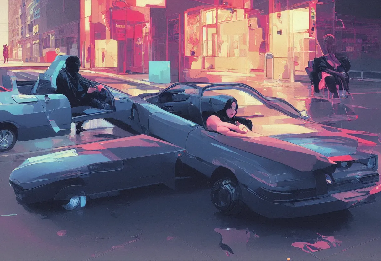 Image similar to sad and heartbreaking painting of todd solondz driving a car in the empty streets of tel aviv, vivid colors, neon, art by ( ( ( kuvshinov ilya ) ) ) and wayne barlowe and francis bacon and artgerm and wlop and william - adolphe bouguereau