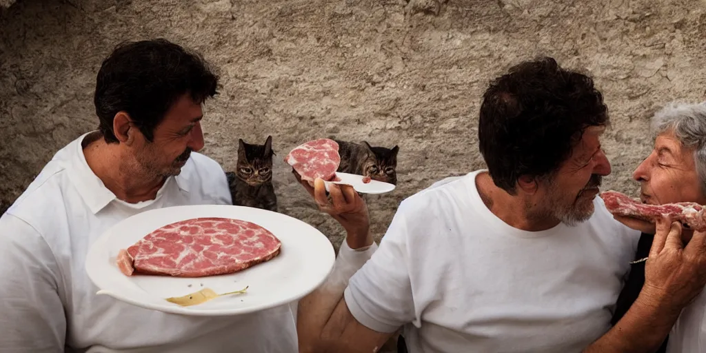 Image similar to photography of a cat sharing mortadella with his loved owner at a trullo house, photoreal, 3 5 mm, award winning photography