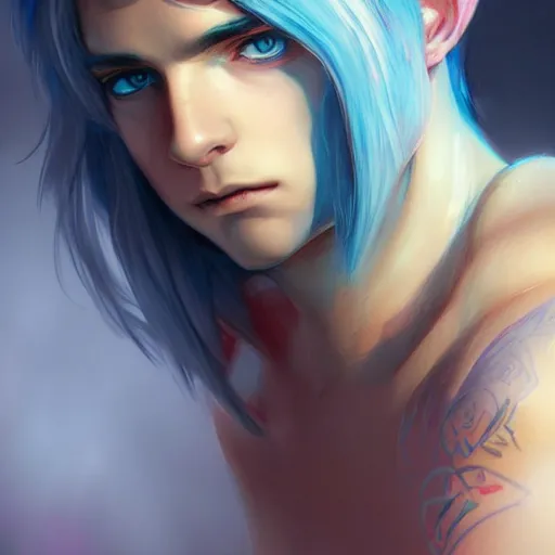 Prompt: teen boy, blue hair, pink eyes, gorgeous, amazing, elegant, intricate, highly detailed, digital painting, artstation, concept art, sharp focus, portrait, illustration, art charlie bowater and Ross tran