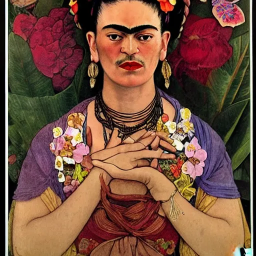 Prompt: frida kahlo dressed like an aztec empress surrounded by flowers, poster by alphons mucha