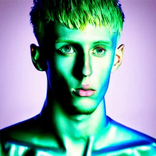 Image similar to “a realistic detailed photo of a guy who is an attractive humanoid who is half robot and half humanoid, who is a male android, rapper Machine Gun Kelly, shiny skin, posing like a statue, blank stare”