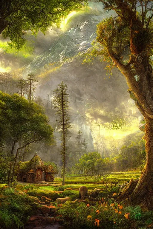 Image similar to digital painting detailed druid sanctuary by James gurney