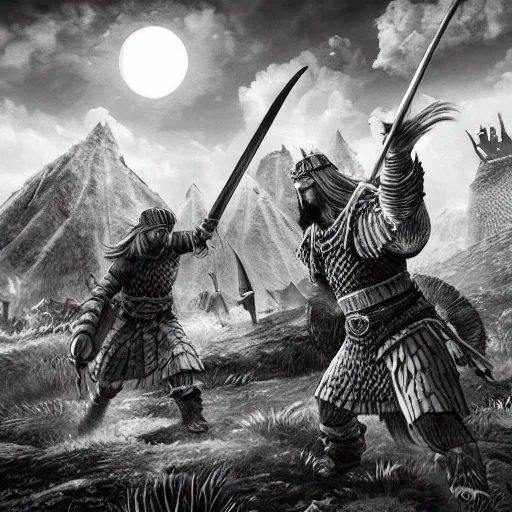 Prompt: vikings plunder the village in the style of kentaro miura, 4 k, 8 k, absolute detail of even the smallest details and particles, beautiful shadows, beautiful art, black and white drawing