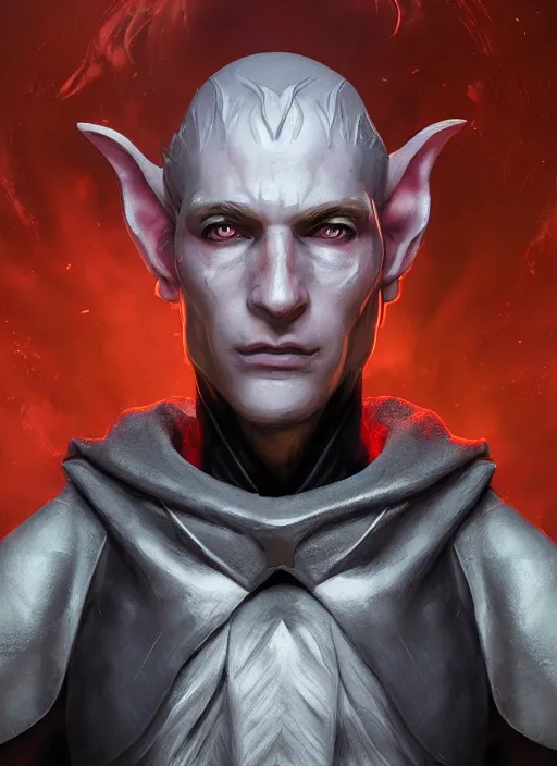 Image similar to A fantasy comic book style portrait painting of a grey elf with red eyes as a Sorcerer in a atmospheric fantasy setting, unreal 5, DAZ, hyperrealistic, octane render, RPG portrait, ambient light, dynamic lighting