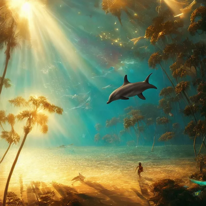 Prompt: dolphin swimming underwater, golden hour, god rays, coral reef, dreamscape by artgerm and ruan jia and ismail inceoglu and greg olsen, cosmos, milky way galaxy, masterpiece, beautiful, intricate, elegant, highly detailed, palm trees