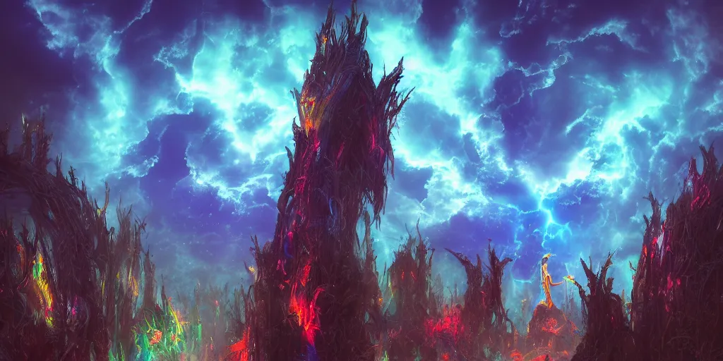 Prompt: [ palate ] [ vibrant gothic colors ] lost alien souls waiting at the giant gateway to heaven, god figure at the gate, vibrant neon nebulous clouds, radiant light rays, photorealistic illustration, intricate and fine details, volumetric lighting, artstation