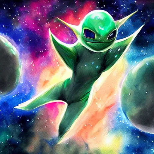 Prompt: alien extraterrestrial pokemon in space. watercolor. dramatic. amazing painting. formal. beautiful. high resolution. highly realistic. close - up. trending on artstation