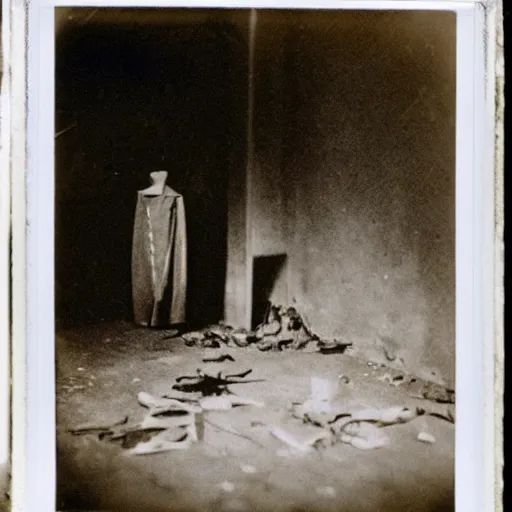 Image similar to Polaroid photograph of a crime scene of the serial killer Jack the Ripper, unsettling, creepy, horrific, gruesome, hyper detailed, good contrast