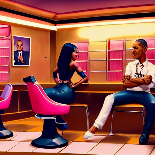 Image similar to illustration of nicki minaj sitting next to barack obama in a barbershop. symmetry, cinematic scene. ambient lighting, brownish colors, hyper detailed. octane render. concept art. trending on artstation.