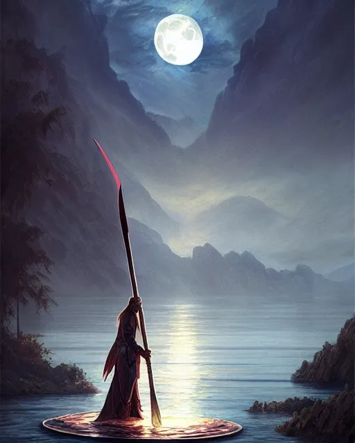 Prompt: a magic sword rising from the middle of a lake under a giant full moon, rippling reflections, western, D&D, fantasy, intricate, elegant, highly detailed, digital painting, artstation, concept art, matte, sharp focus, illustration, art by Artgerm and Greg Rutkowski and Alphonse Mucha, masterpiece, stunning, artstation