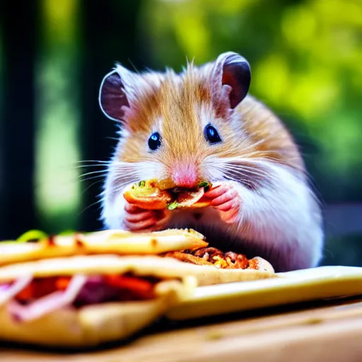 Image similar to detailed photo of a hamster eating a kebab, outdoors, various poses, full body, unedited, daylight, 8 k