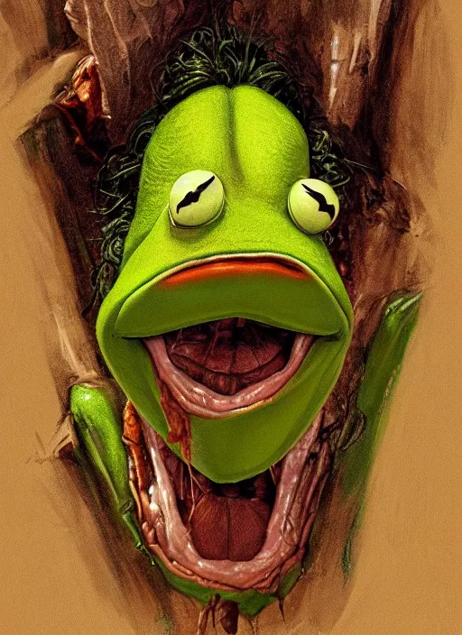 Image similar to portrait of Kermit the frog in Evil Dead (2013), highly detailed, centered, solid color background, digital painting, artstation, concept art, smooth, sharp focus, illustration, artgerm, donato giancola, Joseph Christian Leyendecker, Les Edwards, Ed Repka, WLOP