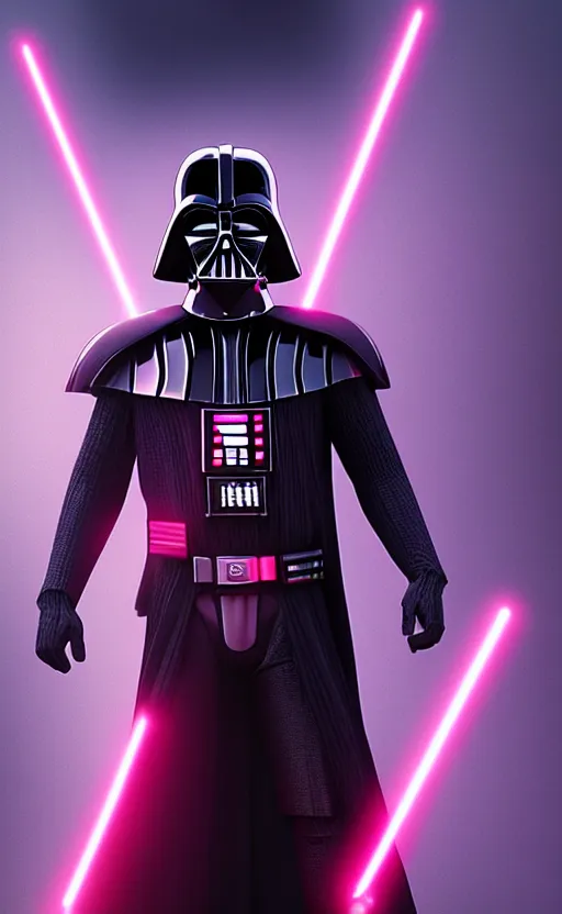 Prompt: darth vader synth wave retro wave vapor wave white and pink lighting and clothes and tech cyberpunk style ultra realistic high quality highly detailed 8 k
