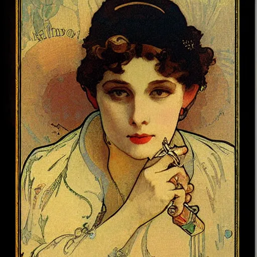 Image similar to cigarette in woman's hand painting by mucha