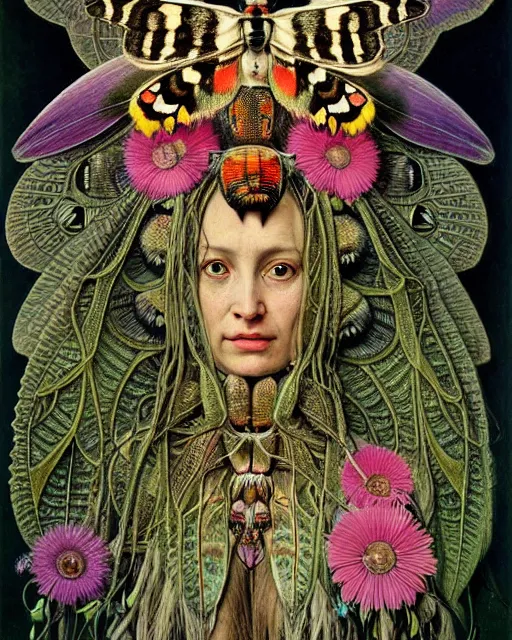 Prompt: realistic detailed face portrait of the beutiful and young death's head hawk moth queen with an intricate headdress of butterflies and bugs, plants and flowers, art by ernst haeckel, zdzisław beksinski, hieronymus bosch, gothic, neo - gothic, ornamental, beautiful deep colours,