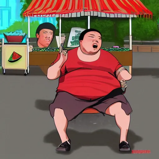 Image similar to near the street, a pockmarked Chinese fat guy,sitting behind a watermelon stall , with a cigarette in his mouth, looked at you contemptuously,digital art,trending on artstation.