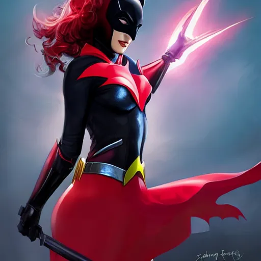 Image similar to Young gal gadot as batwoman, by Stanley Artgerm Lau, WLOP, Rossdraws, James Jean, Andrei Riabovitchev, Marc Simonetti, Yoshitaka Amano, ArtStation, CGSociety,