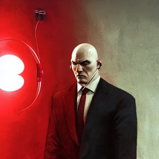 Image similar to a portrait of agent 4 7 from hitman wearing headphones, dark background, red rim light, highly detailed, digital art, artstation, concept art, smooth, sharp focus, greg rutkowski, wlop