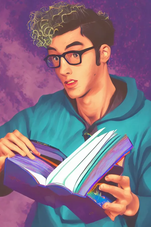 Image similar to digital painting of a magic nerdy guy reading a book in a cluttered messy bedroom, vaporwave, vaporwave colors, perfect face, detailed face, symmetrical face, fantasy, scifi, sci fi,