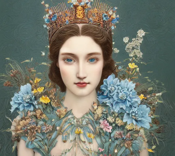 Image similar to breathtaking detailed concept art painting art deco pattern a beautiful wavy brown haired man with pale skin and a crown on his head sitted on an intricate metal throne light - blue flowers with kind piercing eyes and blend of flowers and birds, by hsiao - ron cheng and john james audubon, bizarre compositions, exquisite detail, extremely moody lighting, 8 k h 1 0 2 4