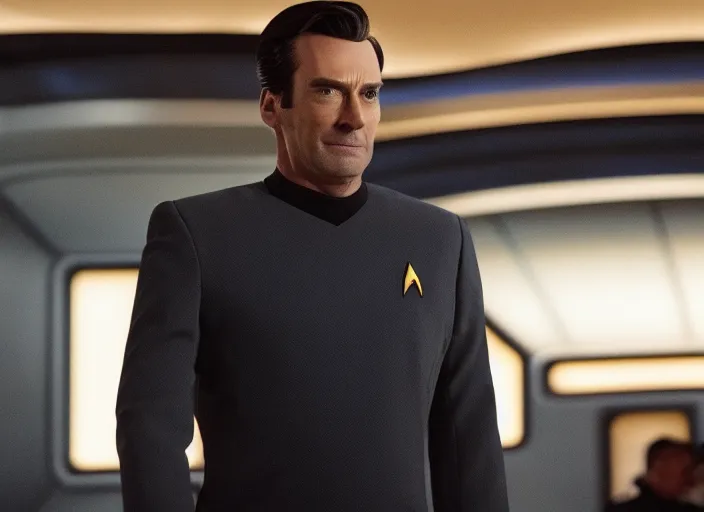 Prompt: a still from the 2020 TV Show Star Trek Strange New Worlds starring Jon Hamm