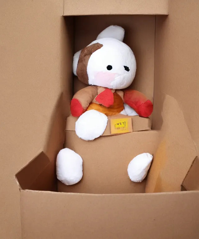 Prompt: a plushie in a cardboard box