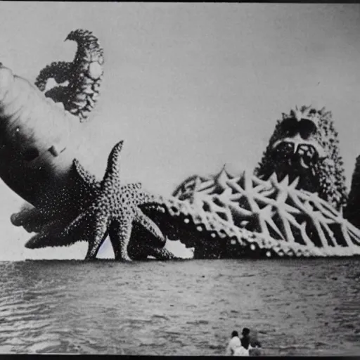 Image similar to rare vintage footage of a giant Kaiju Starfish monster, overshadowing Kim Jong-il, shin sang-ok and Choi Eun-hee escaping, obscured underexposed view