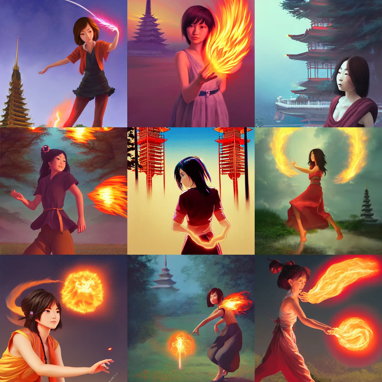 Prompt: female portrait, hapa sorceress chasing will-o-wisps casting a fireball in front of a pagoda, by Ilya Kuvshinov