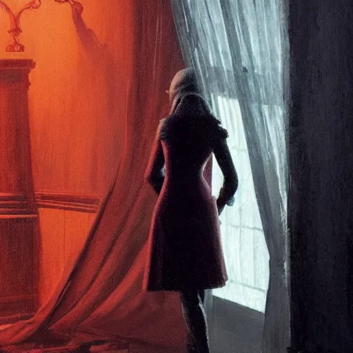 Image similar to Elle Fanning in Bloodborne in the world of Edward Hopper, stormy weather, extremely detailed masterpiece, oil on canvas, low-key neon lighting, artstation, Blade Runner 2049, Roger Deakin’s cinematography, by J. C. Leyendecker and Peter Paul Rubens,