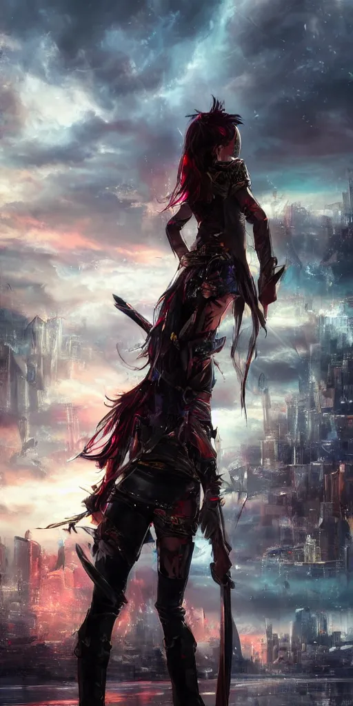 Image similar to back shot of one beautiful girl warrior in punk jacket gazing back into distance land, holding two swords, the swords glows in neon red. standing on wet road, digital art by wlop. artstation contest winner, cinematic paint. lower shot. dramatic cloud and ruined city in background.