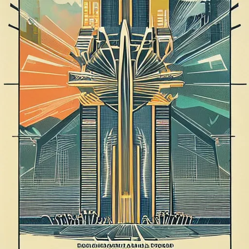 Prompt: advert for travelling to a solarpunk city in 70s art deco style