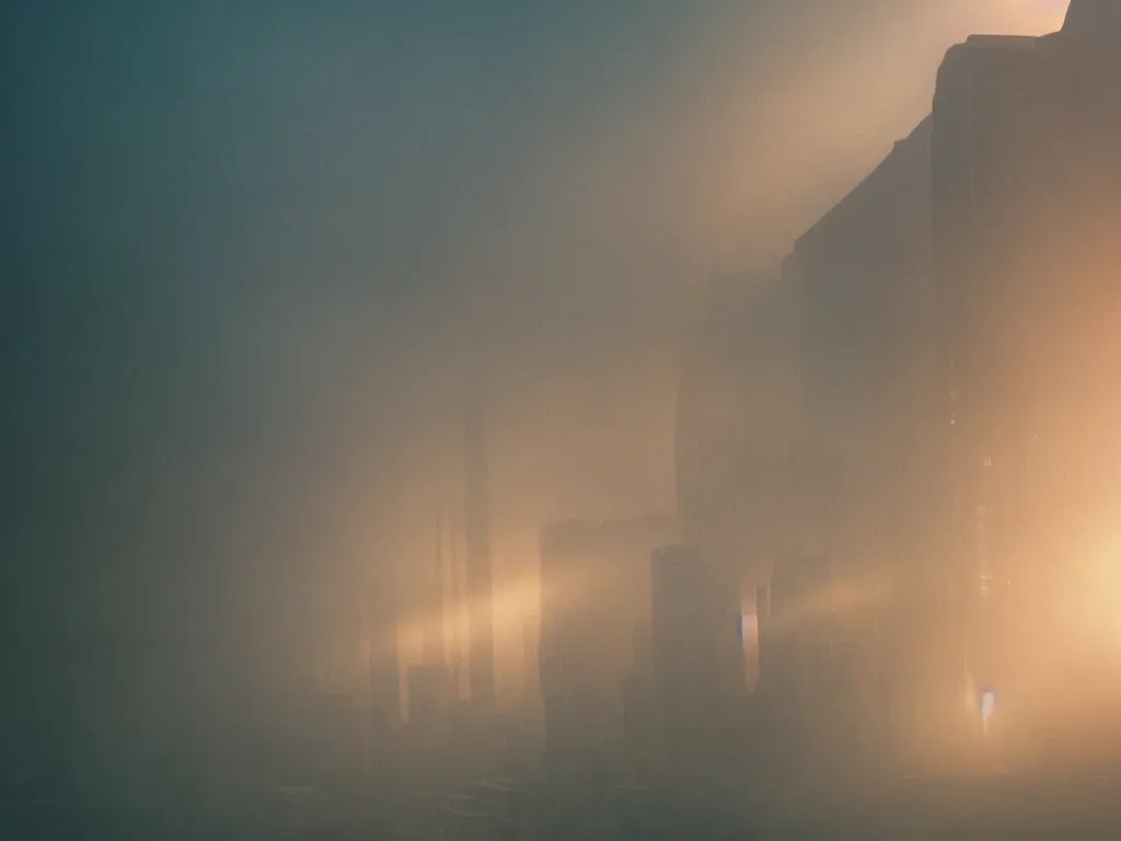Image similar to vertical farm in blade runner 2 0 7 2, cinestill, denis villeneuve, atmospheric, morning light, foggy, futuristic, ultra - hd, ultra - realistic