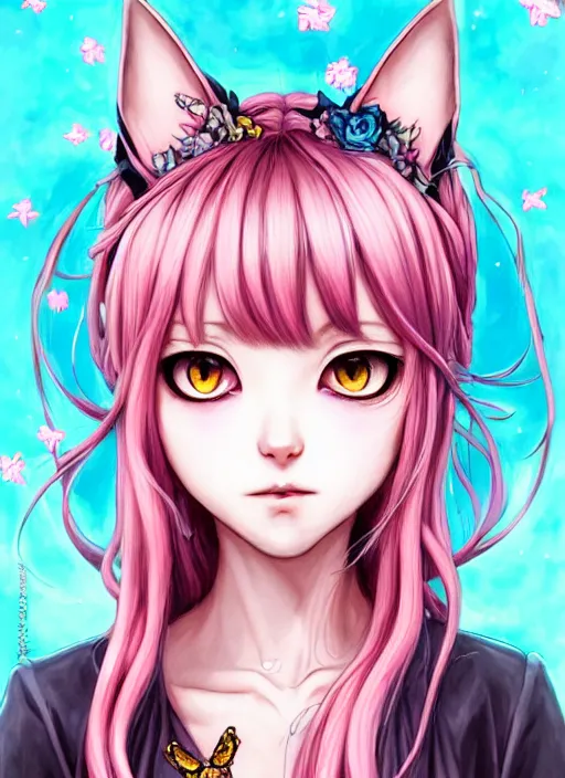 Image similar to dark fantastic mange beautiful cat girl stand in the sunshine, pink hair, rococo dress, symmetrical face, portrait, cute, fairy, by artgerm, mai yoneyama, takeshi obata, katsuhiro otomo, pixiv, detailed background, artstation, highly detailed, colorful, maximalist