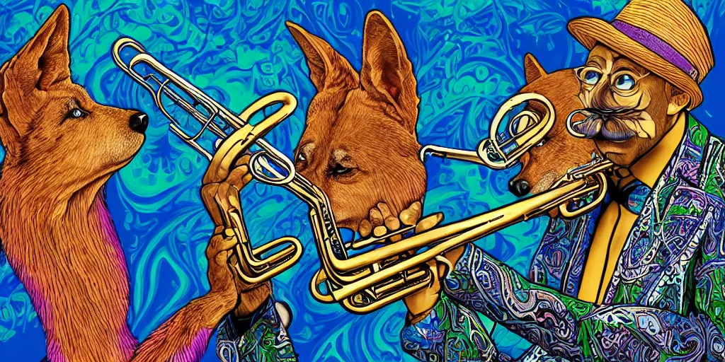 Image similar to highly detailed digital artwork of a psychedelic dingo - man with a salvador dali mustache. he wears a blue paisley jacket. he has a short green fade hairstyle. he is playing the trumpet.