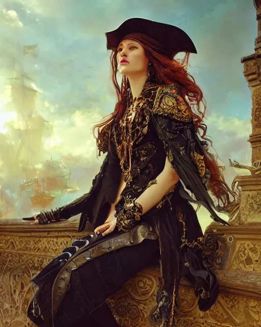 Image similar to a beautiful close up portrait of a pirate sitting with elegant looks, leather clothing, ornate costume and flowing magic all around, intricate and soft by ruan jia, tom bagshaw, alphonse mucha, krenz cushart, beautiful pirate ruins in the background, epic sky, vray render, artstation, deviantart, pinterest, 5 0 0 px models