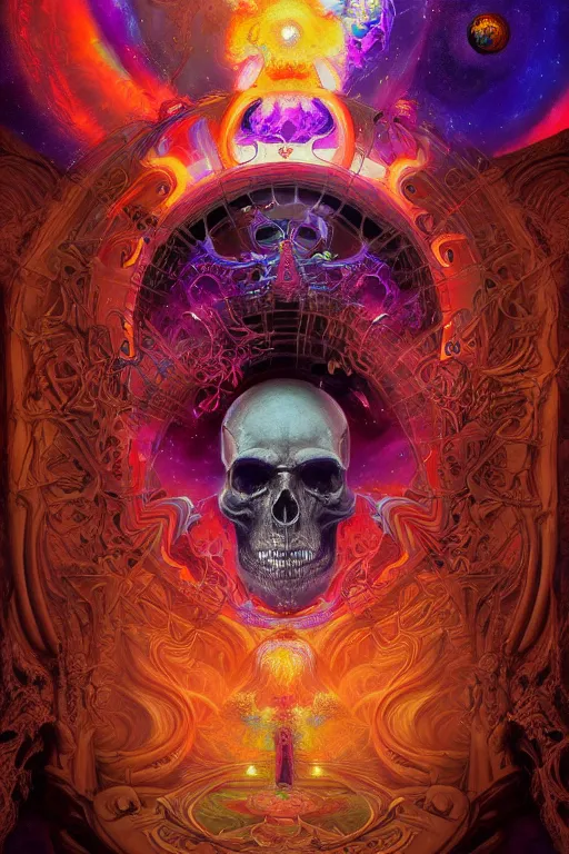 Image similar to gigantic psychedelic demonic cosmic skull of death and fire of outer space, fantasy painting, ultra realistic, dmt, wide angle, art nouveau, intricate details, digital painting, rainbowshift, vivid colors, highly detailed by peter mohrbacher, h. r. giger, maxfield parrish, craig mullins, octane render, cgi