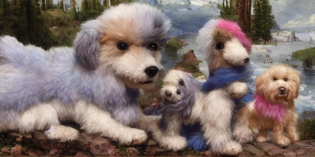 Image similar to 3 d precious moments plush dog with realistic fur and an blue / white / gray / green / pink / tan / mid pink / blue gray color scheme, snowy mountain landscape, master painter and art style of john william waterhouse and caspar david friedrich and philipp otto runge