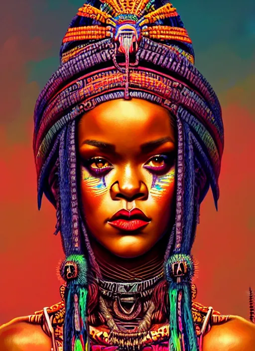 Image similar to portrait of rihanna, hyper detailed ultra sharp aztec shaman warrior. trending on artstation, warpaint aesthetic, bloodwave, colorful, psychedelic, ornate, intricate, digital painting, concept art, smooth, sharp focus, illustration, art by artgerm and greg rutkowski and h. r. giger, 8 k