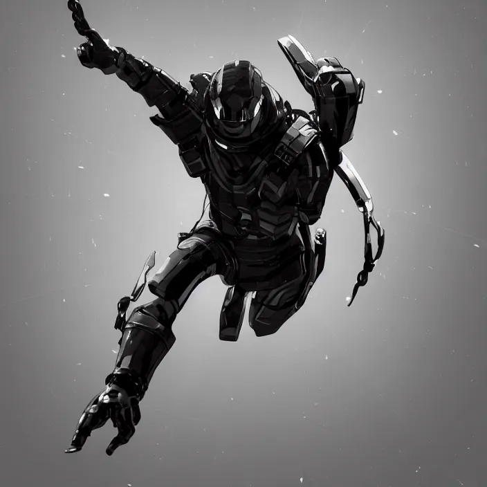 Image similar to a top down shot of a character in an spaceship by nihei tsutomu, front facing the camera, dramatic black and white, modern clean reflective obsidian dark black armor, highly detailed, 3 d render, vray, octane, realistic lighting