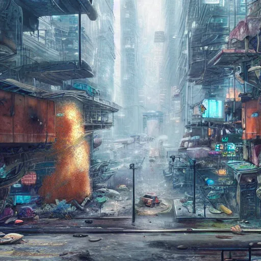 Prompt: a realistic digital painting of gigantic fungal structure bursting through the contcrete of a dystopian cyberpunk city street