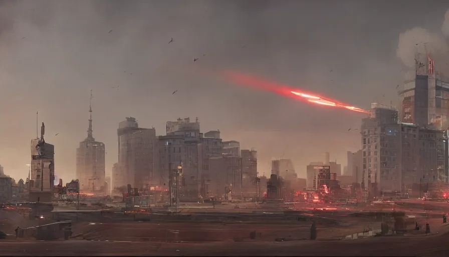 Image similar to warsaw downtown, poland, soldiers and mech fight, simon stalenhag, 4 k, ultra detailed, explosions and smoke