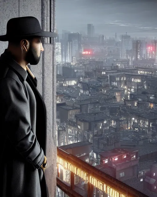 Prompt: a night rooftop scene, close up shot of a photorealistic gangster wearing a trench coat looking at the city below, unreal engine, hyper realism, realistic shading, cinematic composition, realistic render, octane render, detailed textures