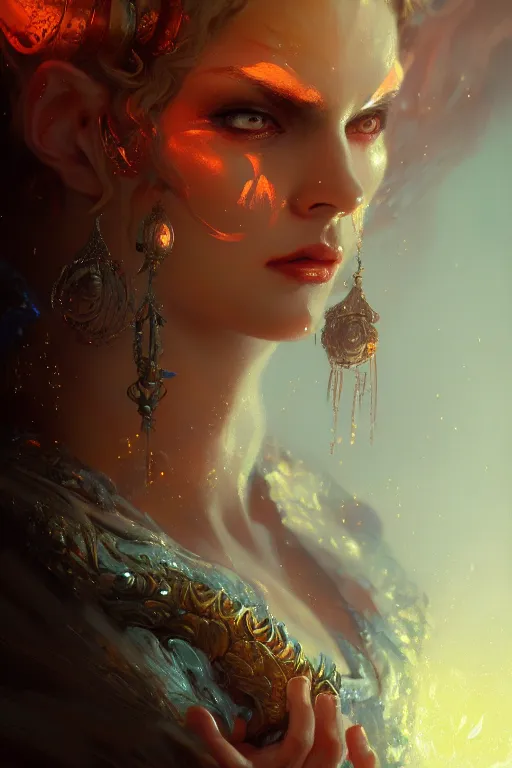 Image similar to attractive demon queen, close - up portrait, intricate, elegant, volumetric lighting, scenery, digital painting, highly detailed, artstation, sharp focus, illustration, concept art, gaston bussiere, ruan jia, steve mccurry