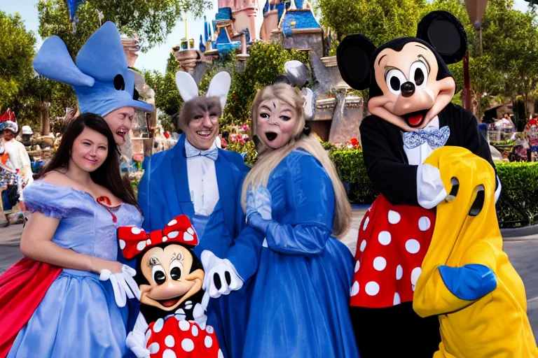 Image similar to an awkward interaction with grossly deformed costumed characters at disneyland. holder. are terrified. highly detailed, 1 6 k resolution, ultra realistic