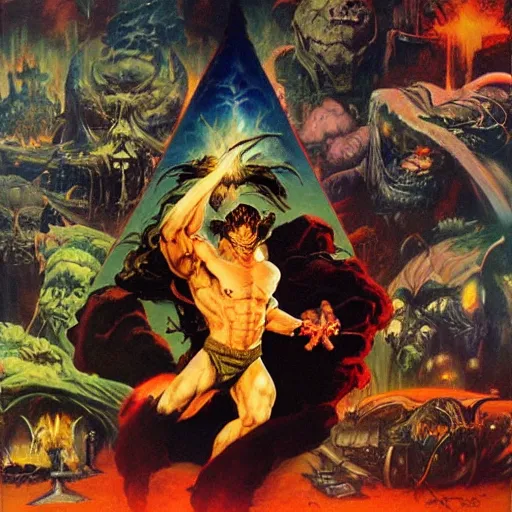 Image similar to wizard surrounded by crt televisions, oil on canvas, frank frazetta, john williams